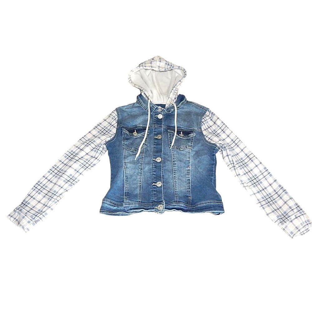 Wallflower The Dreamer Fit women juniors medium denim plaid faux layered jacket
